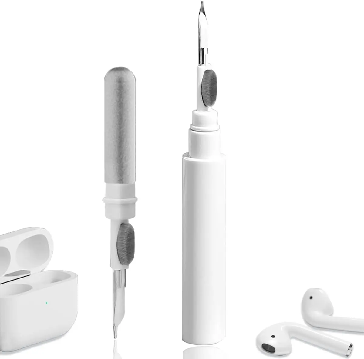 Multi-Function Portable Pen-Shape Double-Heads Digital Cleaning Kit with Brush - 360-Degree Cleaning, Safe on Bluetooth Earbuds, AirPods, AirPods Pro 1-3, Wireless Headphones, Camera, iPhone (White)