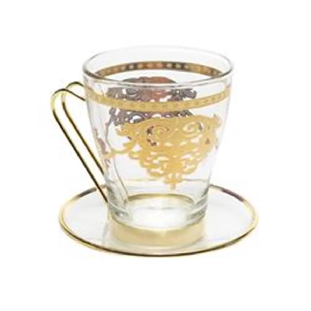 Crystal Glass Tea Cups with Saucers Set - 6 Pieces, 4x3 in, 14-Karat Gold Design, Formal Table Drinkware for All Seasons, Kitchenware Glassware, Six Pieces