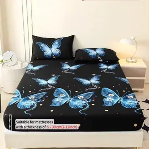 3pcs Soft Breathable Bed Sheet Set, Decorative Bedsheet Sets, Butterfly Fairy Sheet and Pillowcases, King Queen Size, Easy Care, All Seasons
