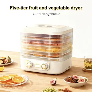 Electric five-tier food dryer. Equipped with 5 detachable trays. Dual knob design allows for temperature and time adjustments. Suitable for drying fruits, vegetables, meats, and flowers. Easily makes various snacks