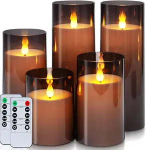 Gray Flickering Flameless Candles, Battery Operated Acrylic LED Pillar Candles with Remote Control and Timer, Halloween Decor, Set of 5
