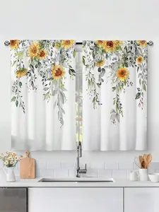 2pcs Eucalyptus Botanical Leaves Yellow Sunflower Floral Kitchen Window Curtains,Short Curtain,Without Holes Curtain,Refer To Bedroom Office Kitchen Living Room Study Home Decor