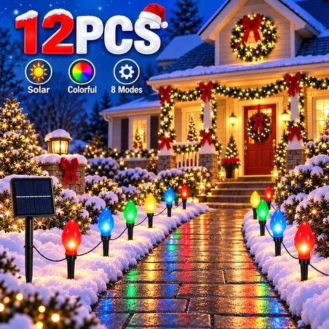 Outdoor Christmas LED Ground Stake Lights - Solar-Powered Flame-Style LED, 12-Count Set, 8 Lighting Modes, IP44 Waterproof, Durable Solar Path Lights for Lawn, Yard, Garden and Holiday Decor