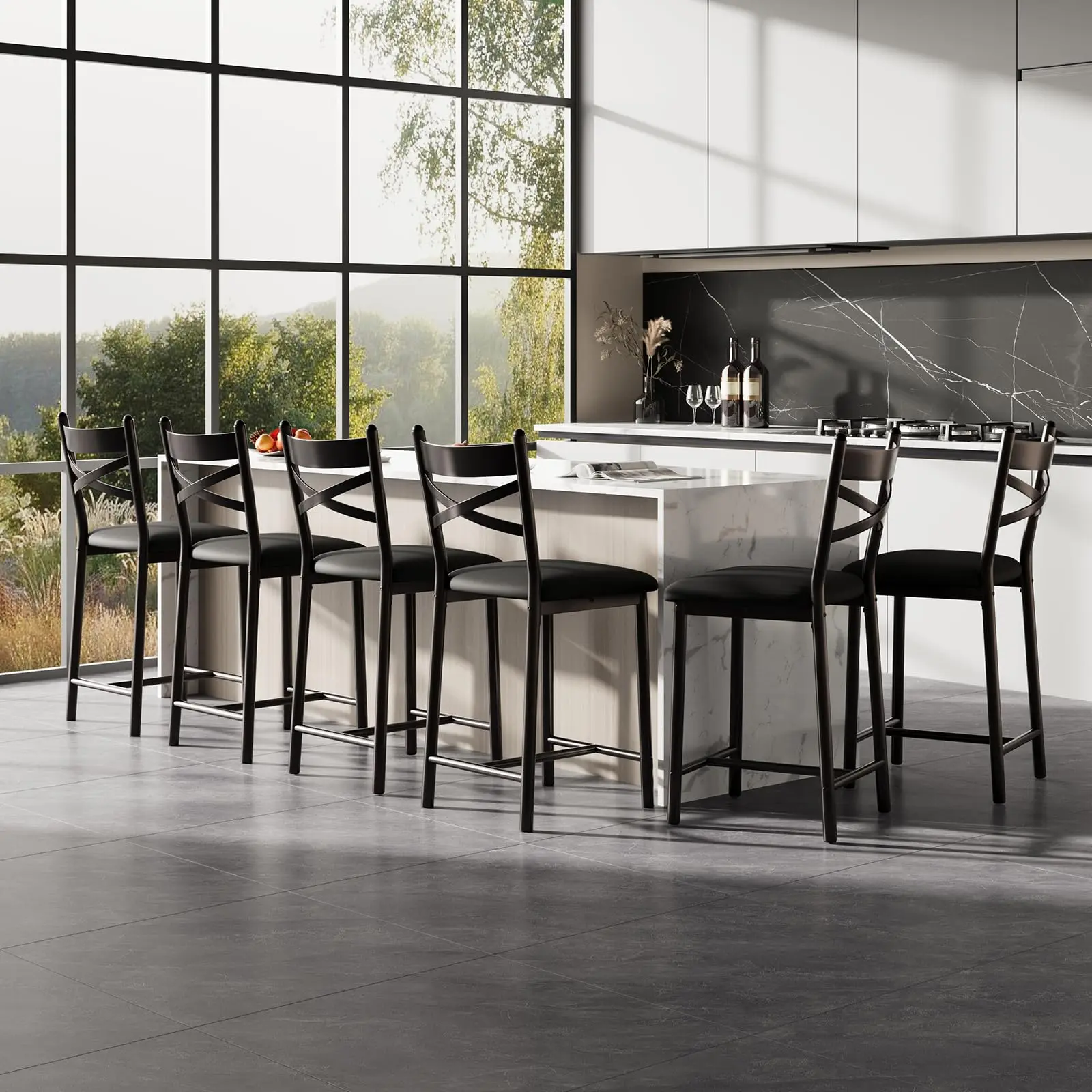 Set of 4 66cm Bar Stools, Metal Chairs with Straight Backrest and Thick Waterproof PU Leather Cushion, for Restaurant and Dining Room, Black