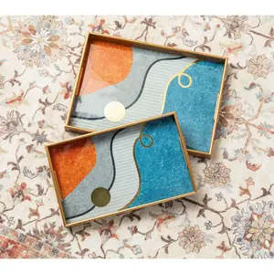 Glitzhome Rectangle Faux Wood Patterned Decorative Trays 2-Set