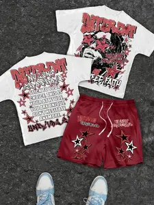 Men's Summer Different Print Fitted Short Sleeve Shorts Set, Perfect for Daily, Street Skateboarding, Music Festivals, Trendy Parties