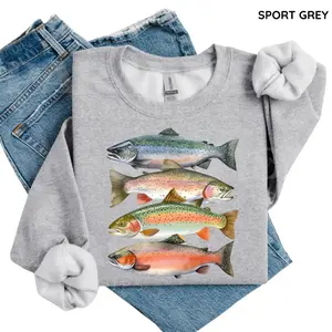 Abstract Colorful Trout In A Row Sweatshirt, River Fish Trout Species Outfit, Fly Fishing Gift, Boho Unisex Crewneck Sweatshirt