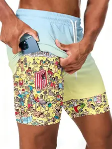 Men's Fun Print Dual-Layer Beach Shorts, Quick-Dry, Anti-Chafe, Drawstring Waist, Summer Surfing, Breathable, Casual Sports Wear