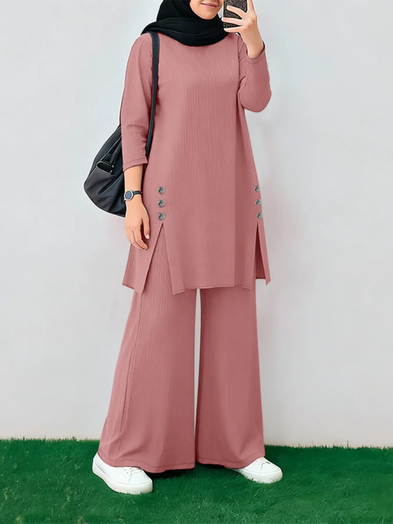 Women's Commuter Casual Modest Split Long Sleeve Tunic and Wide Leg Pants Two-Piece Set, Matching Set, Stylish Daily Wear, Comfortable and Trendy, Modesty Outfit