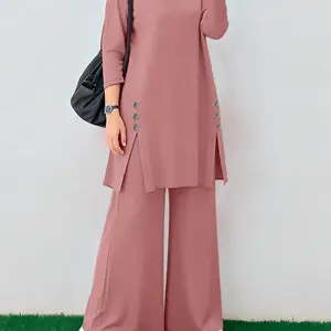 Women's Commuter Casual Modest Split Long Sleeve Tunic and Wide Leg Pants Two-Piece Set, Matching Set, Stylish Daily Wear, Comfortable and Trendy, Modesty Outfit, Fashion Style Sets
