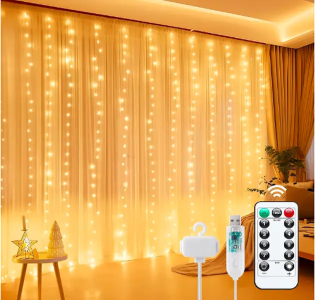 Curtain Lights, 300 LED Dimmable Fairy Lights Twinkle Lights with Remote and Timer, 8 Modes, USB Powered String Lights for Room Wall Party Xmas Indoor Decor, Warm White