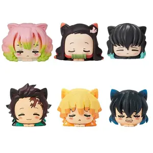 6Pcs/1 Set Anime Demon Slayer Kamado Nezuko Tanjirou Agatsuma Zenitsu PVC Q Version Napping Cat Inosuke Prone Pose Model Toy