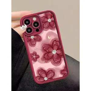 1pc Soft Wine Red Ombre Flower TPU Cellphone Case - Shockproof, Waterproof, Scratch-Resistant Stylish Casing Cover Accessory for iPhone 17,16,15,14,13,12,11 Pro Max Series Multi-Model Handheld Devices
