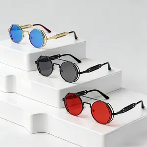 3 Pairs Vintage Steampunk Spring-Loaded Metal Round Sunglasses, Fashion Personality Gothic Double Bridge Party Glasses, Ideal for Cosplay and Daily Wear