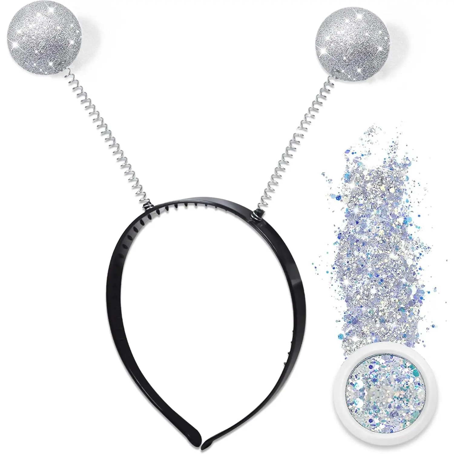 Female Funky Glitter Alien Antenna Headband with Holographic Chunky Glitter & Ball Boppers, Silver Space Hair Accessory for Birthday, School, Party Favors