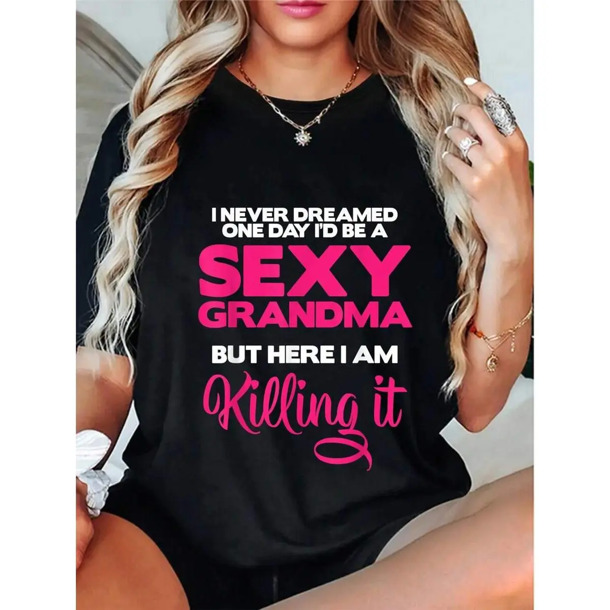 Knit Casual Fabric Round Neck Sports Top - Funny "I Am Sexy Grandma Killing It" Family Matching T-Shirt