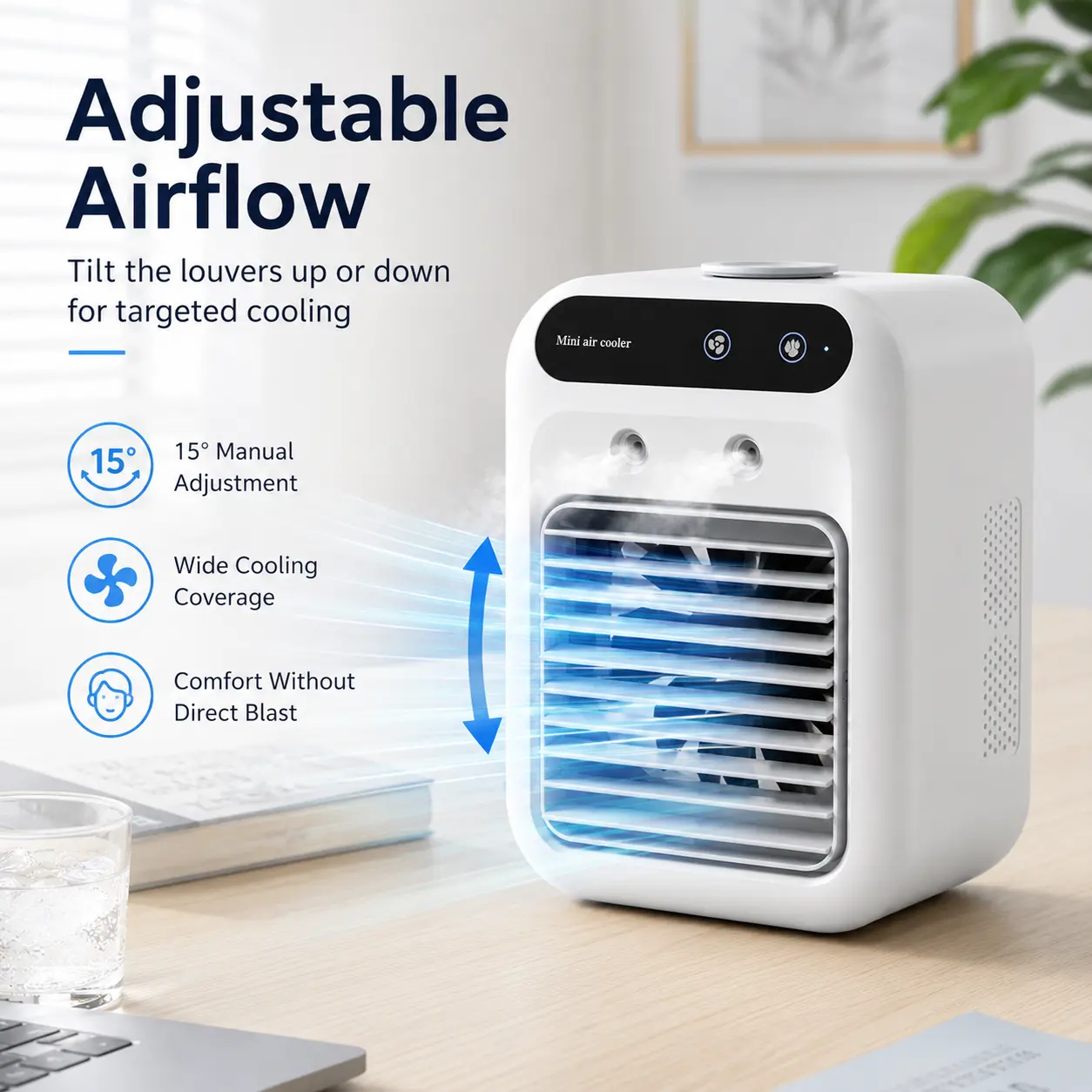 Portable Mini Evaporative Air Cooler – Personal Desktop Cooling Fan with Humidifier, Mist Function, Adjustable Wind Direction & Temperature Display