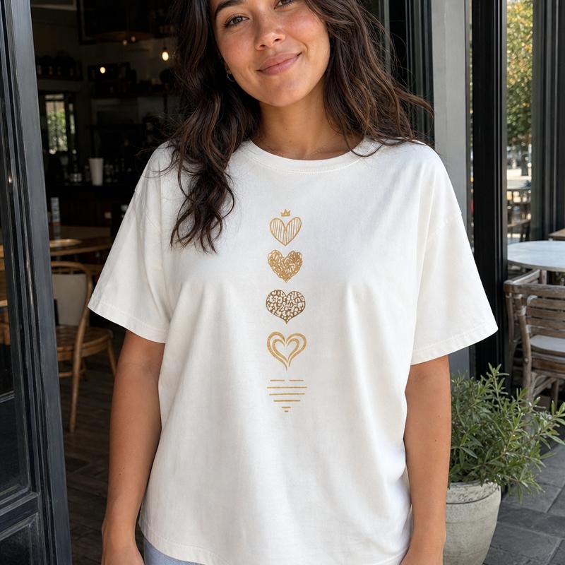 Women's 100% Cotton Short-Sleeve Crew Neck Drop Shoulder Minimalist Boho Heart Graphic Plus Size T-Shirt, Plus Size Clothes, Casual Wear Tops