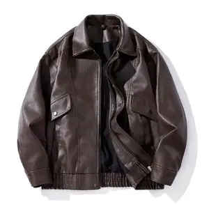 men's autumn and casual faux leather bomber jacket, fashionable modern motorcycle flight jacket, leather clothing, casual loose soft motorcycle jacket, lapel button zipper long sleeve with pocket jacket, PU leather j5gBS