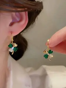 Lucky & Chic! 18k Gold Plated Four Leaf Clover Floral Pattern Drop Earrings with Vibrant Gems, Perfect St. Patrick's Day Accessory, Make a Statement