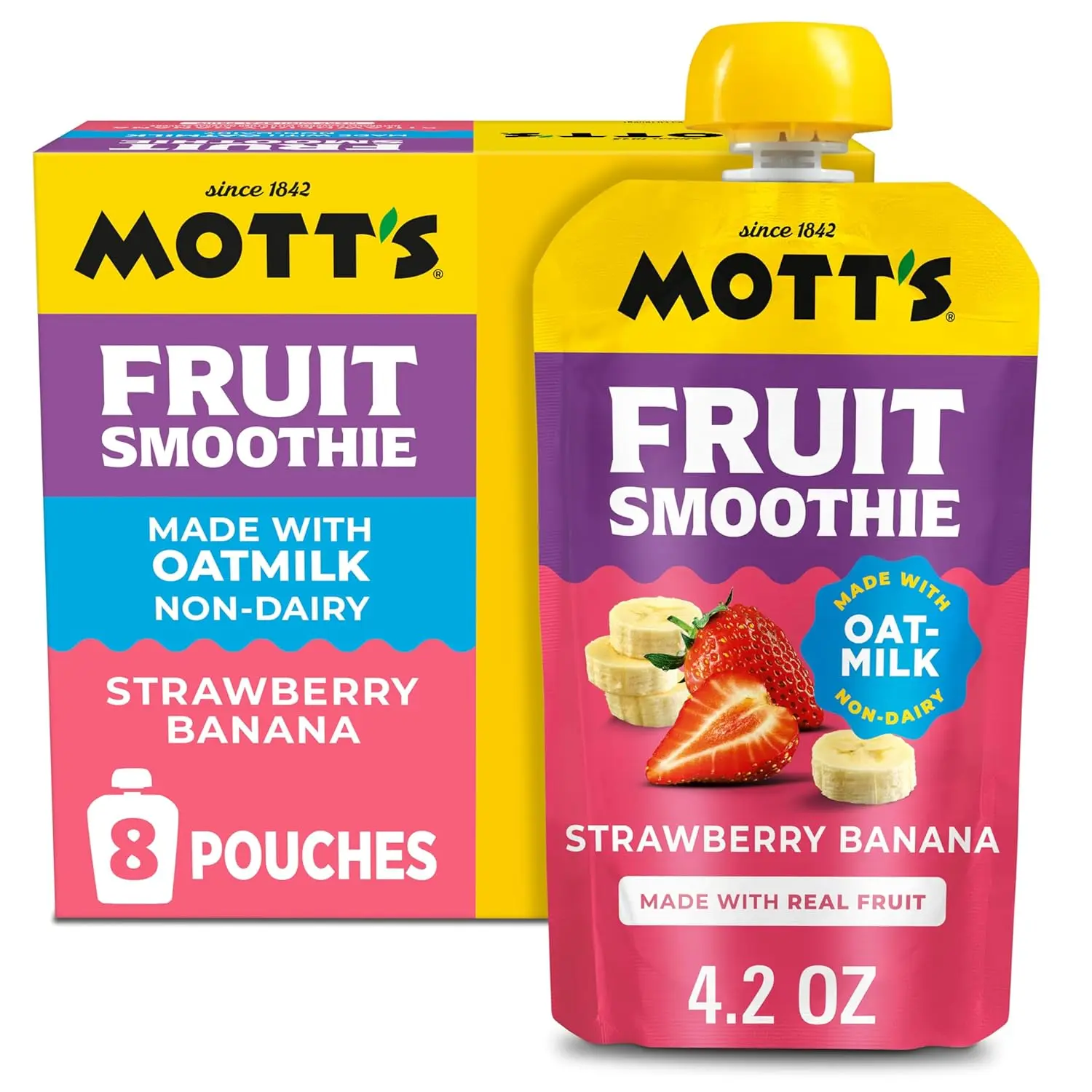 Fruit Smoothies Strawberry Banana – Non-Dairy Oatmilk Smoothie Pouches, Made with Real Fruit, Calcium Rich, On-the-Go Snack, 4.2oz Clear Pouches (8 Pack)