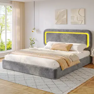 Luxury Queen Bed Frame with Led Lights, Soft Cloud Platform Bed Frame with Boucle Upholstered Headboard, Anti-Collision Round Corners, Holds 880lbs, No Box Spring Needed, No Noise, Modern Bedroom Furniture, Beige, White, Gray, Full, King