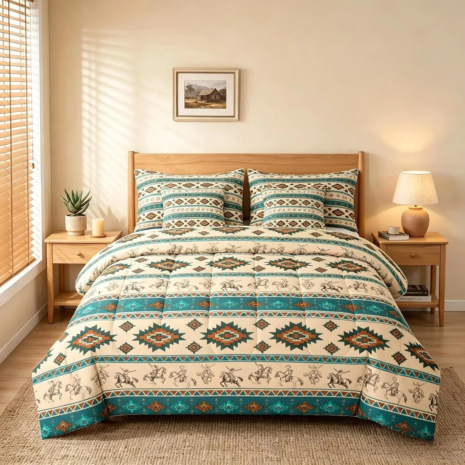 Western Cowboy Comforter Set with Sheets Southwestern Aztec Pattern 7 Pieces Bedding Set Horse Riding Design Bed in a Bag Ranch Farmhouse Room Decor Teel Wheat