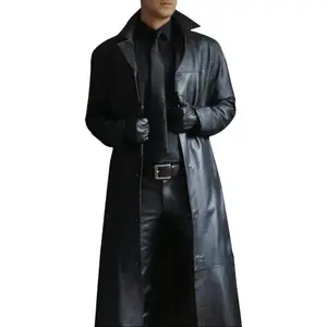 Men Solid Color Long Leather Coat Trench Style Slim Fit Jacket Retro Elegant Daily Casual Streetwear Outerwear For Men