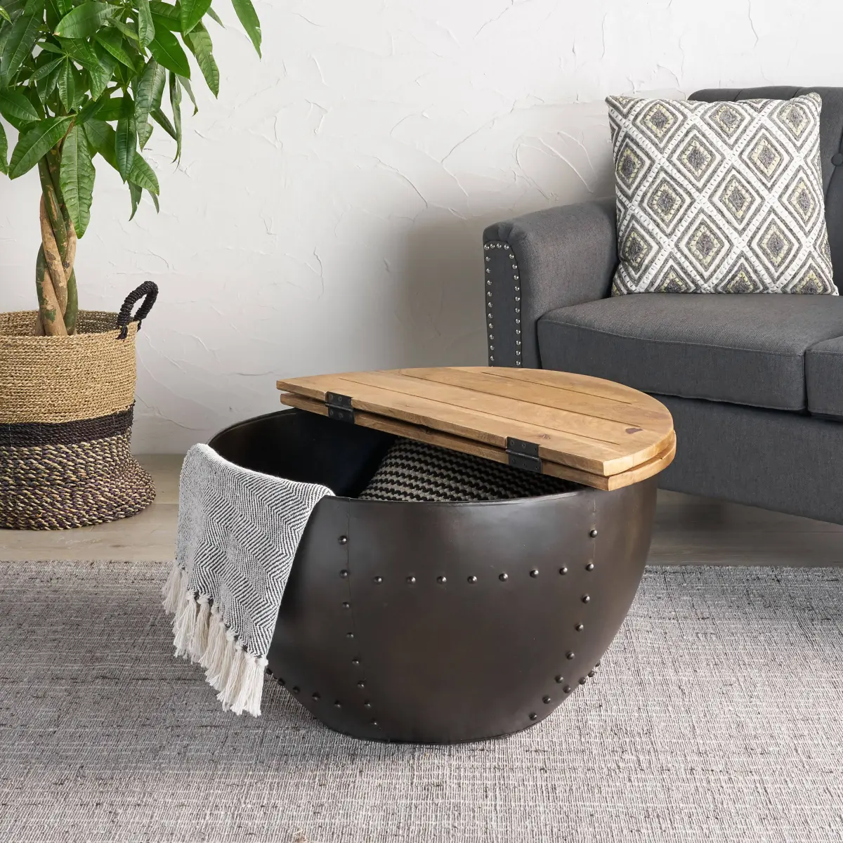 Handcrafted Industrial Wooden-Iron Coffee Table - 27.00 in. x 27.00 in. x 15.00 in., Dense Durability, Antique Finish, Studded Accents, Unique Patterns, Hinged Tabletop with Storage, for Living Room Indoor Spaces, Handcrafted Design