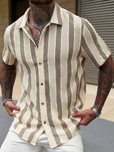 Men's Beige & Brown Striped Textured Short-Sleeve Shirt - Texture Fabric, Relaxed Lapel Collar, Button-Down Design, Versatile for Summer Daily Casual, Café Hangouts, Weekend Errands & Layering Under Jackets