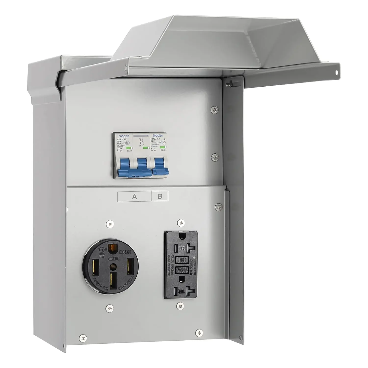 Temporary Power Outlet Panel, RV Panel Outlet with a 20, 50 Amp Receptacle Installed, Prewired, Weatherproof