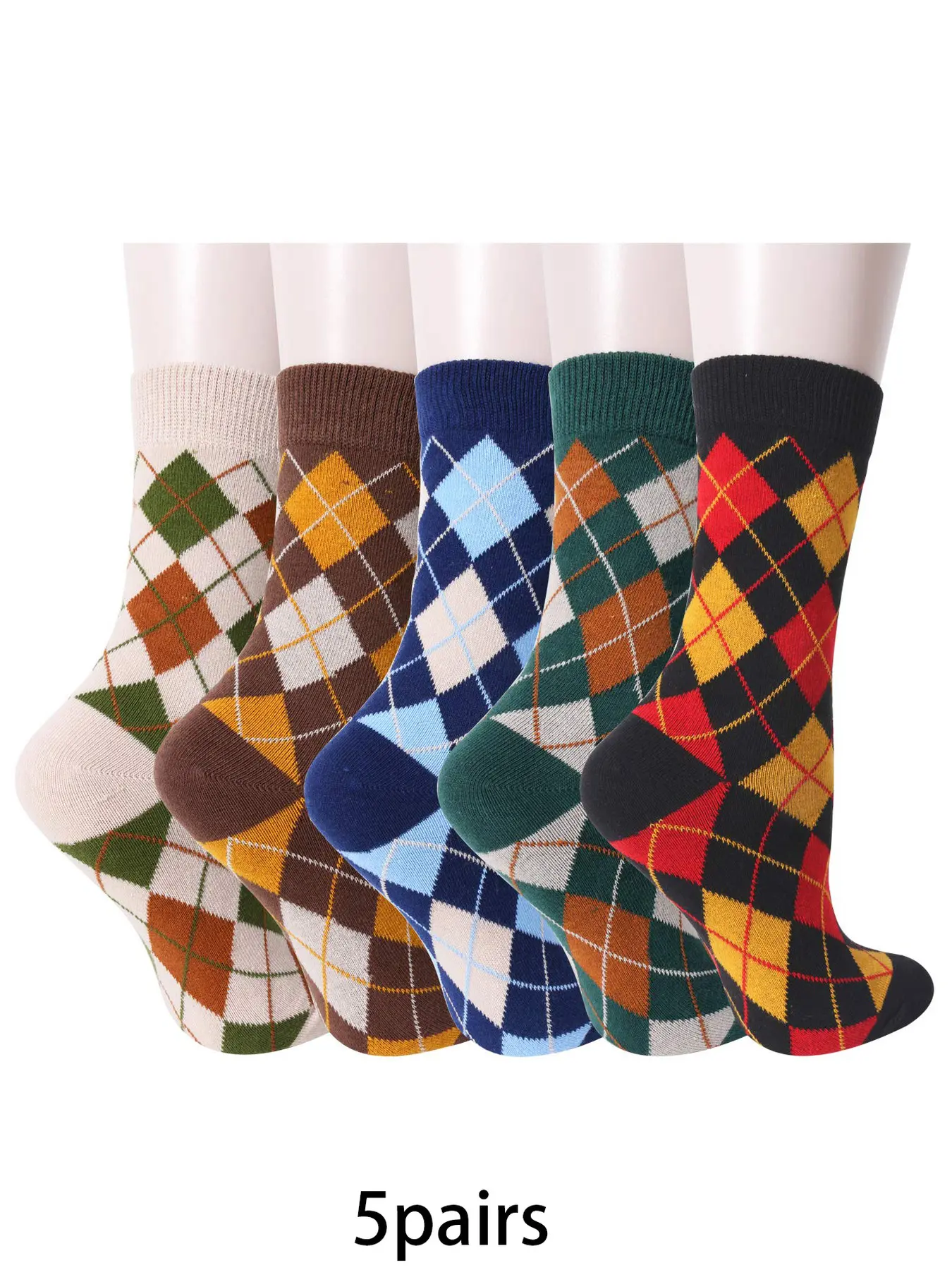 5 pairs fashionable diamond striped Plaid mid tube socks are warm, comfortable, and suitable for women's daily home wear in winter