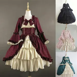2025 European and American medieval retro Gothic court dress with a square neck, cinched waist and patchwork bow tie