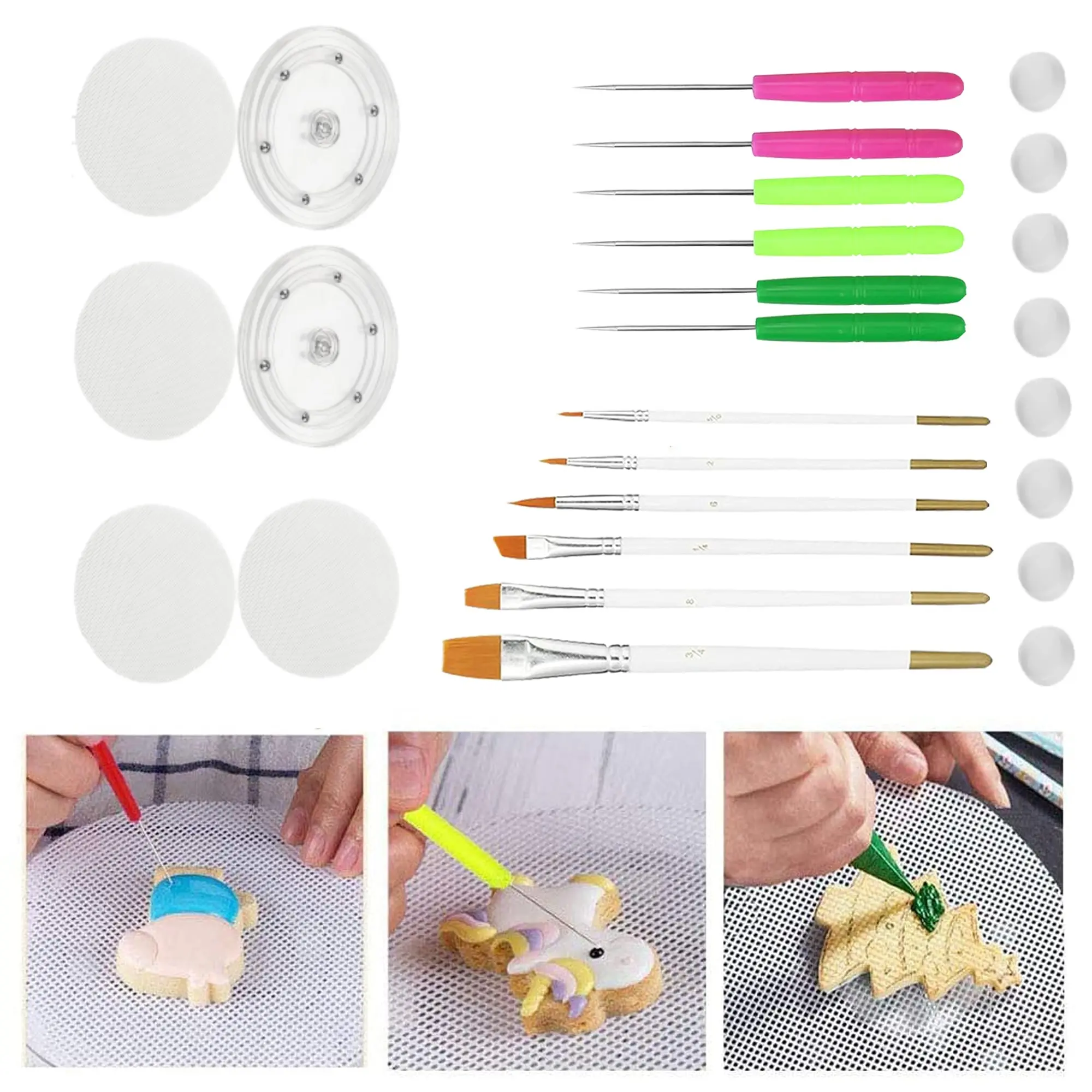 26pcs Cookie Decorating Kit - 2 Acrylic Turntables, Silicone Mats, Scribe Needles, Brushes for Decorating Sugar Cookies, Cakes