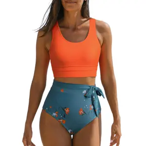 Dokotoo Womens Scoop Neck Racerback High Waisted Bikini Sets Two Piece Swimsuit Floral Print Tummy Control Bathing Suit