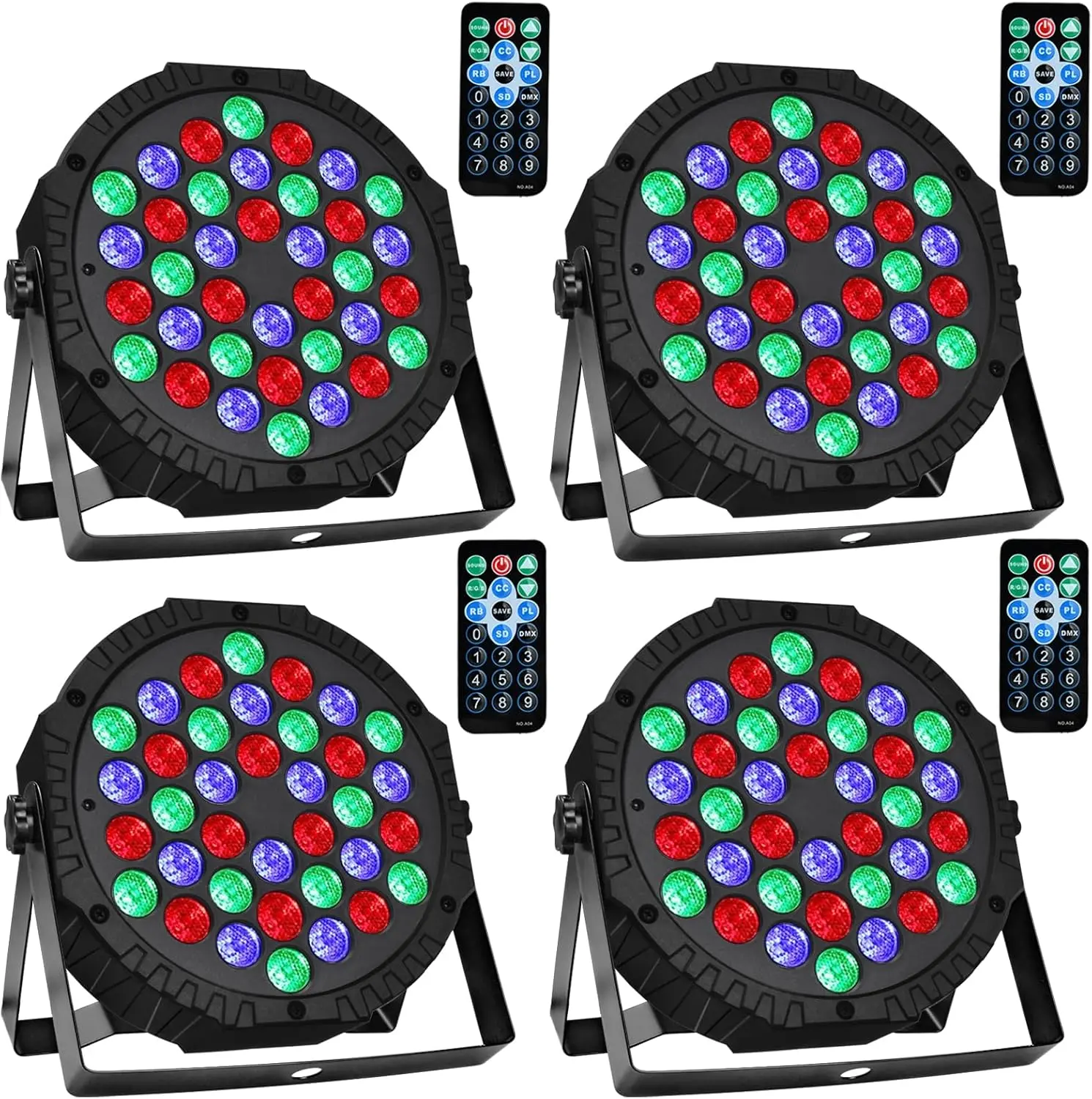 4-Pack Bright LED Uplighting Stage Lamps (36 LEDs) with Remote Control, DMX Control, Sound-Activated Function & Clamps for Weddings, DJ Disco Parties