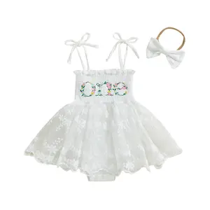 One Year Old Girl Birthday Outfit Tie Shoulder Smocked Romper + Bow Headband Fairy 1st First Birthday Outfit