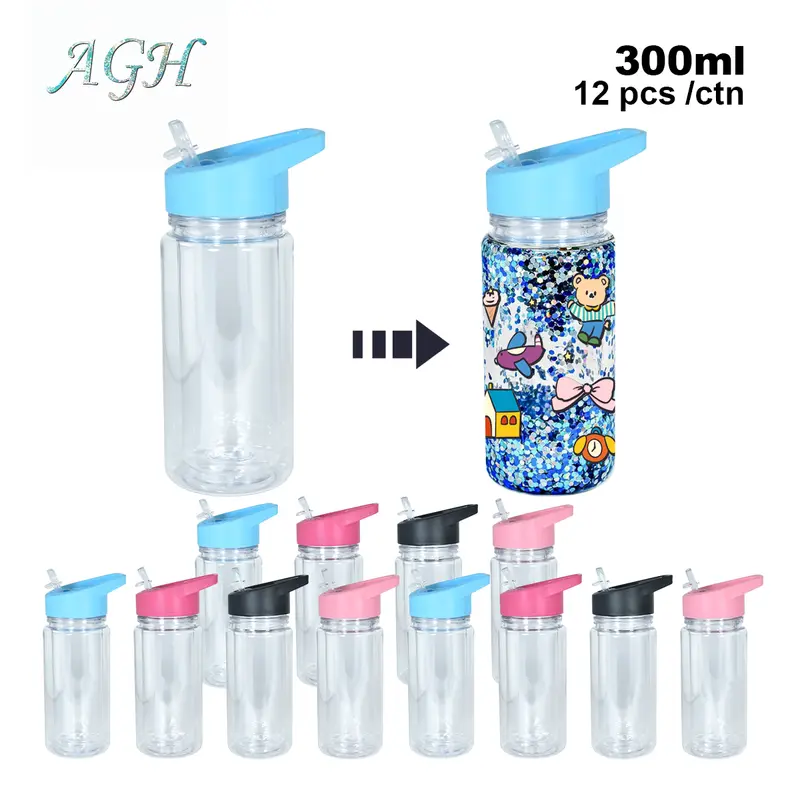 Agh 12pcs 60pcs 300ml 10oz acrylic snow globe cup double wall plastic kids water bottle with colorful handle lid (mixed 4 color)  Reusable