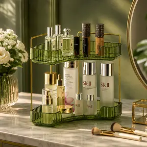 Corner Bathroom Organizer with Perfume Tray – 2-Tier versatile Storage solution Rack for Skincare, Cosmetics & Countertop Organization (Green)