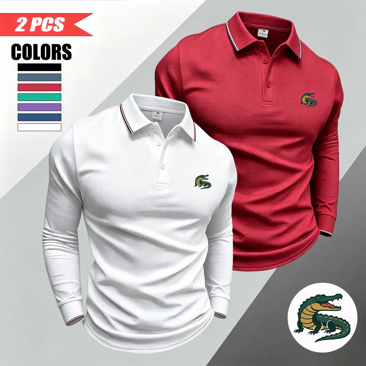 Men’s sports fashion shirt/Polo two-piece set – long sleeves, horse print details, casual fitness avant-garde style, 100% polyester, suitable for everyday office wear and leisure.