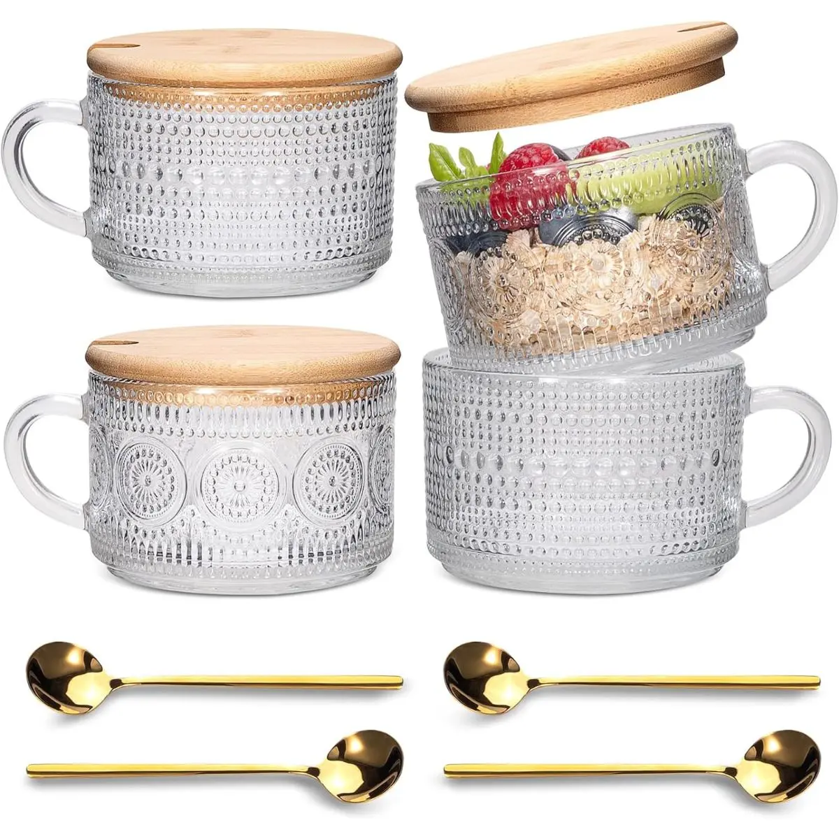 Vintage Coffee Mugs 4pcs Set, Tea Cups with Bamboo Lids and Spoons, 14 Oz Glass Coffee Cups, Ideal for Cappuccino, Latte, Tea Drinkware Aesthetic mugs coffee glass