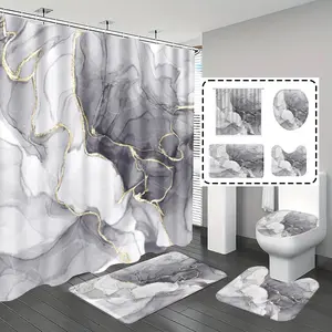 [Popular Choice]1pc/4pcs, bathroom curtains shower, bathroom set, shower curtains, Decorative bathroom decor,bathroom rug, home decoration, bathroom mat, gray marble pattern, modern luxury theme decoration, bathroom set, with 12 hooks.