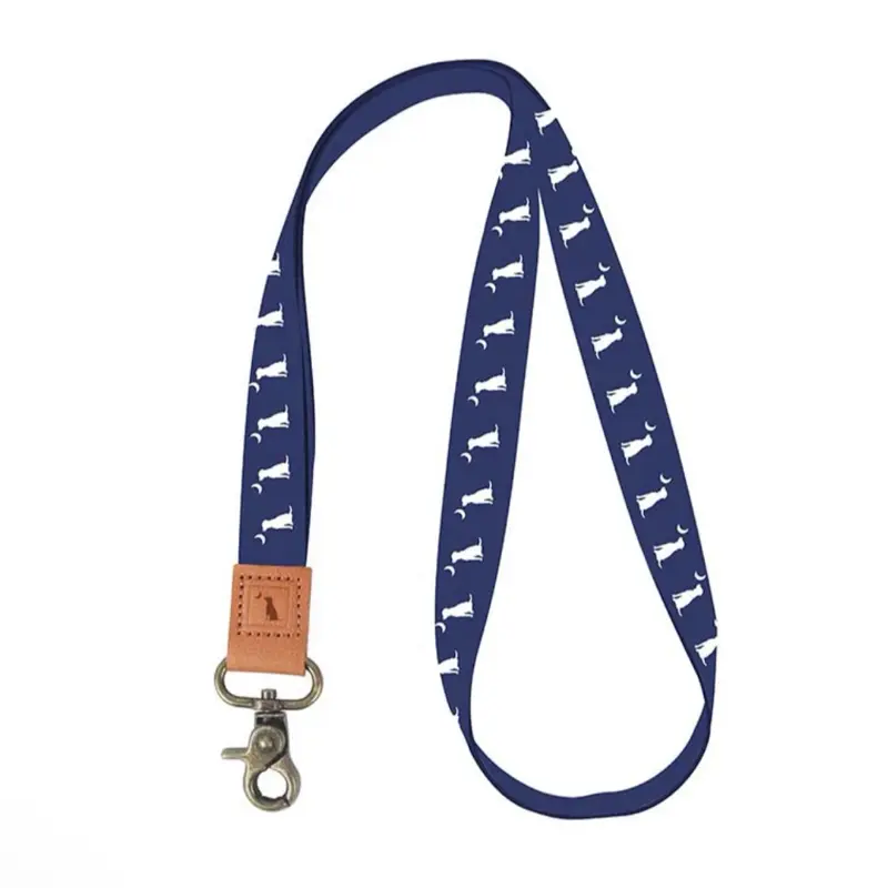 Navy Dog & Moon Long Landyard with Leather Detail & Metal Clasp - Navy Blue Lanyard with Dog Pattern
