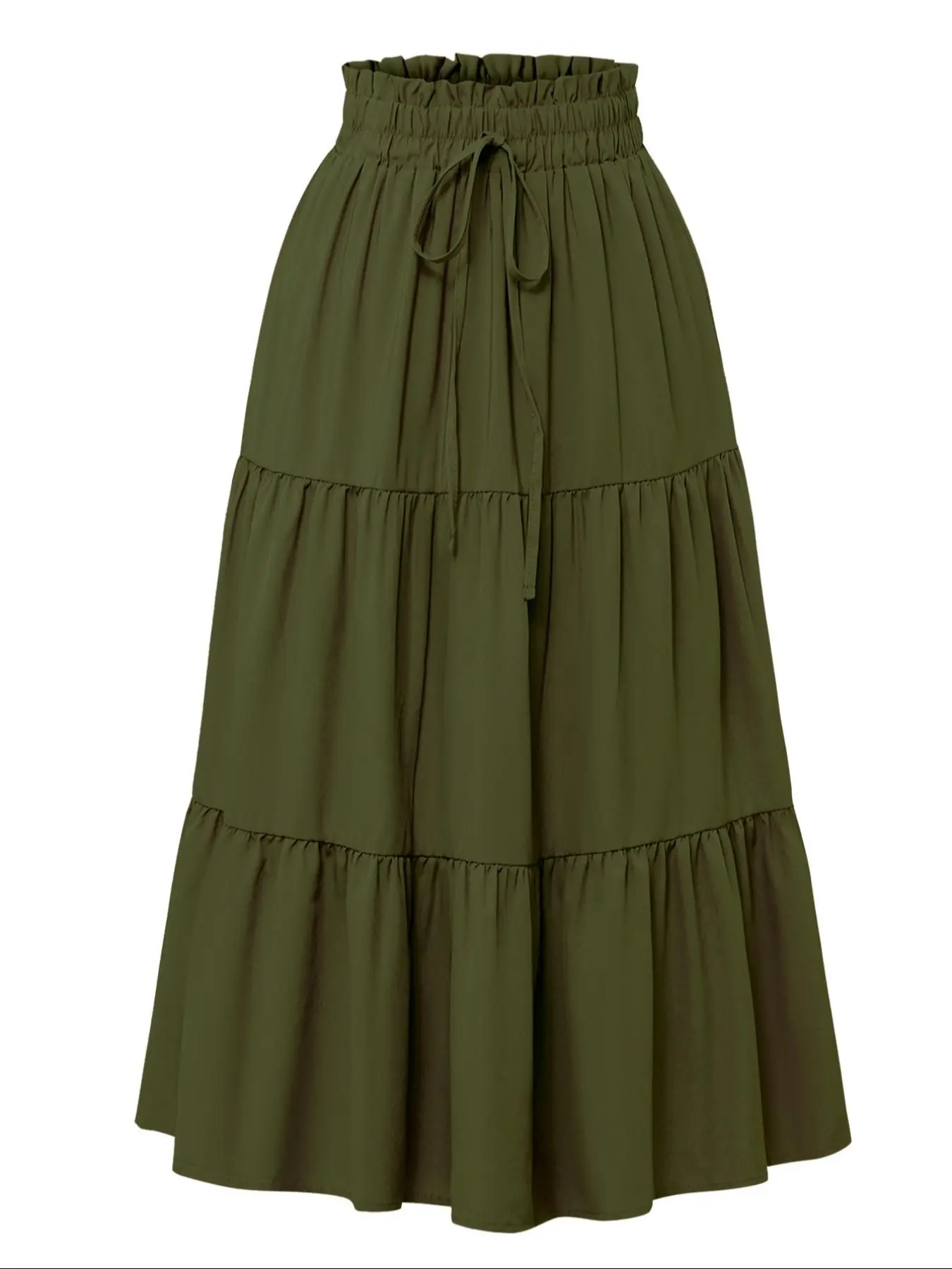 Solid Color Ruffle Tiered Hem Fake Drawstring Design Casual Midi Skirt, Elastic Waist, Natural Waist, All over Print, Fall & Winter Women's Clothing