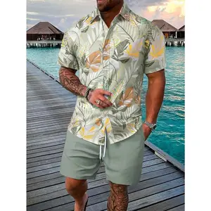 Men's 2 Piece Set Tropical Vacation Casual Outfit Polyester Floral Print Short Sleeve Shirt & Solid Color Shorts