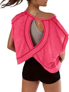 Women's Sporty Hoodie Round Neck Loose Fit Casual Sports T-Shirt, Gym Yoga Tops, Backless Hollow Design, Pure Color Skin-Friendly Yoga Wear, Workout Daily Wear