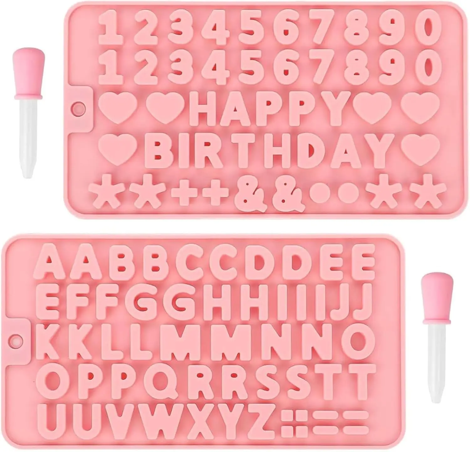 2pcs Number & Letter Silicone Chocolate Molds with 2 Droppers Happy Birthday Baking Mould for Chocolate Candy Ice Cubes Cake Cookies Decoration