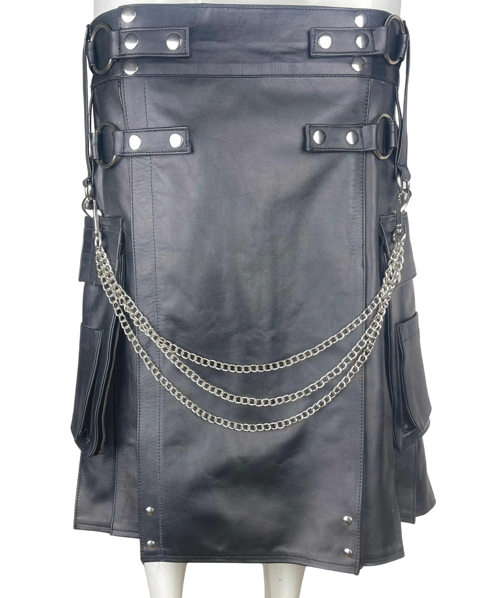 Men’s Black Leather Chain Kilt | Gothic Steampunk Utility Kilt for Men | Real Leather Punk Kilt | Custom D-Rings Cargo Pocket Festival Kilt
