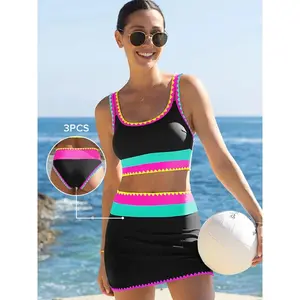 Tummy-Control High-Waisted 3PC Bikini Set – Neon Sporty Swimsuit with Adjustable Wide Shoulder Straps