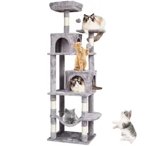 Cat Tree 63" Cat Tower With Two Condos, Sisal Scratching Post, Sturdy Multi-Level Cat Furniture, Tall Cat Condo Perch, Light Gray Finish, Plush Top, Non-Slip Base, Durable Wood Frame For Large Cats And Kittens, Ideal For Climbing